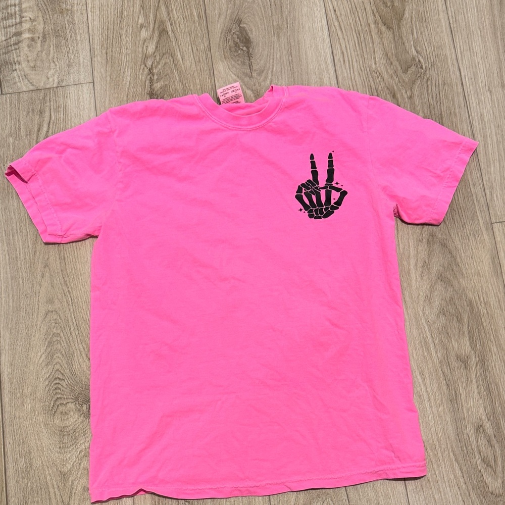 Hot Pink Graphic Tee with Black Skeleton Peace Hand